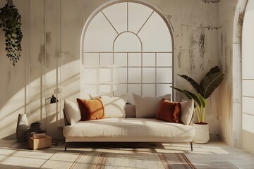 Loft home interior design featuring a beige sofa with terra cotta pillows by an arched window next to a stucco wall