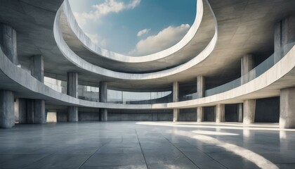 Empty abstract architecture building in minimal concrete design with open space floor courtyard white podium and curved walls museum plaza as wide display showroom mockup environment background
 - Powered by Adobe