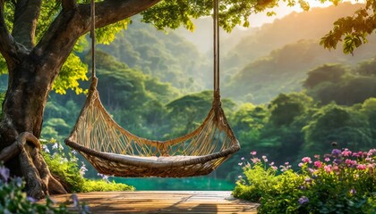 beautiful wooden cozy swing hanged with rope in a green home garden backyard with green plants and...