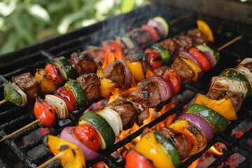 Smokey Barbecue vegetables meat. Wood stick with grilled fresh vegetables. Generate Ai