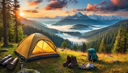 hiking backpack, tent and gear equipment for mountain and forest woods nature outdoor activity camping and holiday activity destination wild trip with camp fire weather landscape banner
 - Powered by Adobe