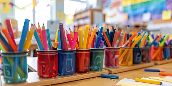 Pencils and markers in labeled holders, bright classroom setting, close view