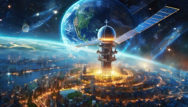 telecom communication satellite orbiting around the globe earth with futuristic technology datum hologram information for online and internet connection and gps space orbit services banner

