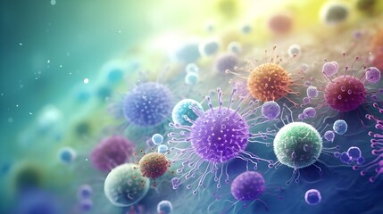 Detailed digital illustration of viruses and bacteria on blue background