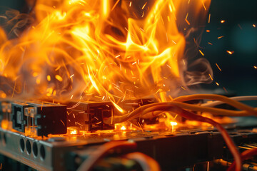 Fire occurred as result of an electrical short circuit on high voltage power board AI Generative - obrazy, fototapety, plakaty
