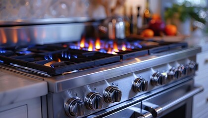 A gas stove with flames for cooking in the kitchen