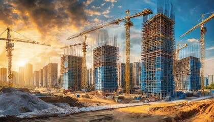 generic under construction site as mega residential towers complex for apartments or flat investment in real estate and infrastructure projects, wide banner with info datum
