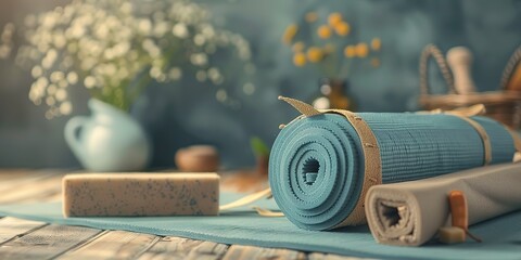 Yoga mat rolled with blocks and strap, serene space, close view  - obrazy, fototapety, plakaty
