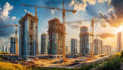 generic under construction site as mega residential towers complex for apartments or flat investment in real estate and infrastructure projects, wide banner with info datum
 - obrazy, fototapety, plakaty