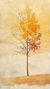 Watercolor painting of tree on a dry autumn landscape. Dry season. Use for phone wallpaper, posters, postcards, brochures.