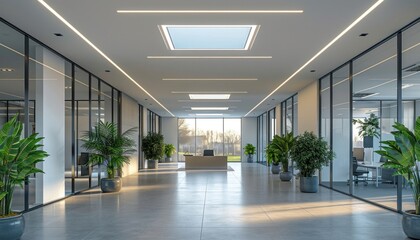 Long hallway in office building with ample windows and potted plants