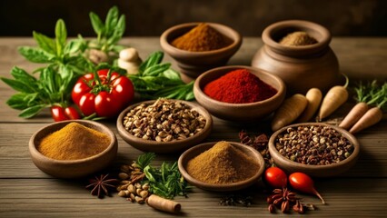  Aromatic spices and fresh herbs ready for culinary creation - obrazy, fototapety, plakaty
