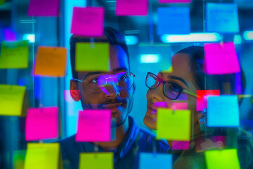 Two people colleagues are looking at colorful stickers on a glass wall in an office in neon lights.