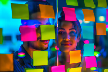 Two people colleagues are looking at colorful stickers on a glass wall in an office in neon lights.
