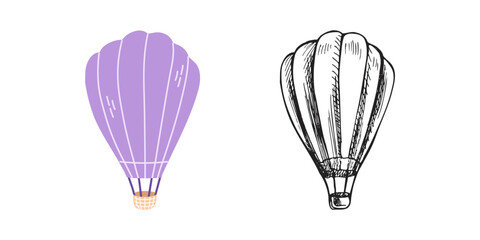 Cute hand drawn hot air balloon. Flat and sketch outline vector illustration isolated on white background. Doodle drawing.