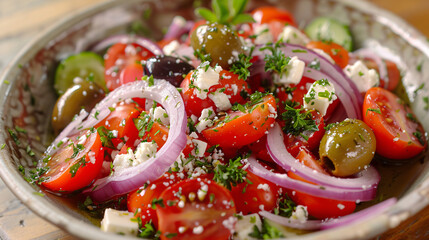 A Greek salad with plump cherry tomato - obrazy, fototapety, plakaty