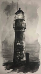 Watercolor painting of a lighthouse on the coast at night with lights to guide mariners. Use for phone wallpaper, posters, postcards, brochures.