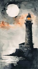 Watercolor painting of a lighthouse on the coast on a full moon night. Use for phone wallpaper, posters,
 postcards, brochures.