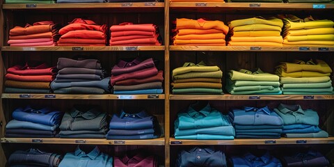 Neatly folded shirts on retail shelves, close-up, rainbow arrangement, soft lighting 