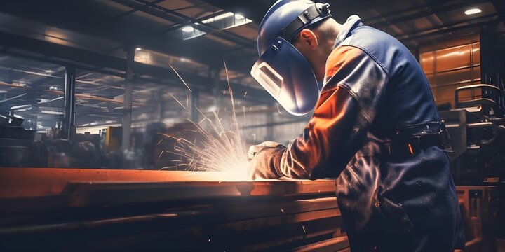 A worker in a blue uniform welds metal bars at a factory, wearing safety gear and a helmet