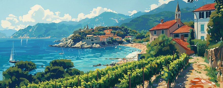 Illustrate a captivating long shot of a picturesque vineyard in Italy, a bustling food market in Thailand, 
