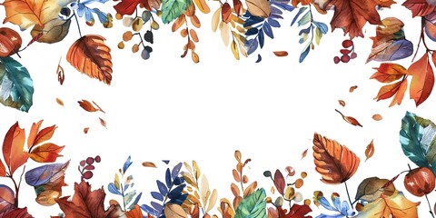Banner, watercolor, flowing script, leaves and acorns border, twilight, wide, reflective gratitude. - obrazy, fototapety, plakaty