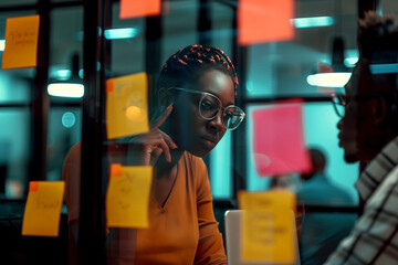 A woman is looking at colorful stickers on a glass wall in an office. Project work with brainstorm ideas.
