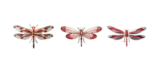 Set of red dragonflies isolated on white background. 3d rendering
