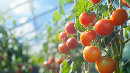 Red and orange tomatoes ripening on their vine inside an indoor farm setup, with blurred greenhouse in the background