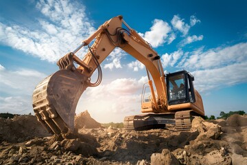 Excavator in action, reshaping earth at construction site