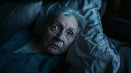 A senior woman lies in a dark room, her expression full of worry or deep thought The lighting accentuates her features - obrazy, fototapety, plakaty