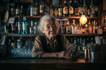 Hospitable Bartender old woman bar. Male lager shaker. Generate Ai