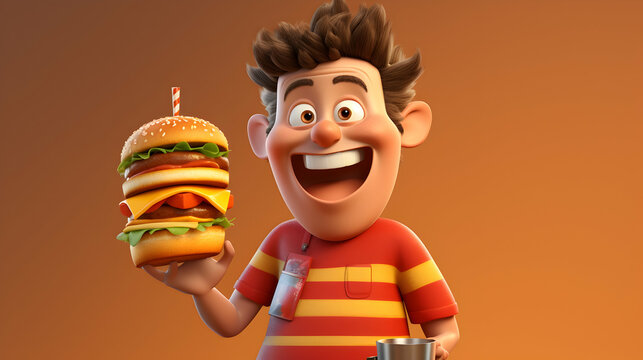A 3D rendering capturing the delight of a young 3D person character, bent and savoring fast food