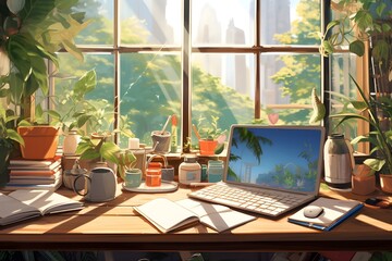 Cozy Scandinavian-style workplace at home with a laptop, bathed in sunlight