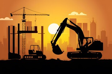 Heavy machinery works on building construction with sunset background vector