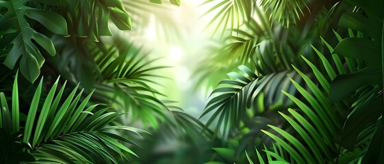 Tropical jungle with lush green leaves, sunlight filtering through. Exotic forest with palm trees wallpaper