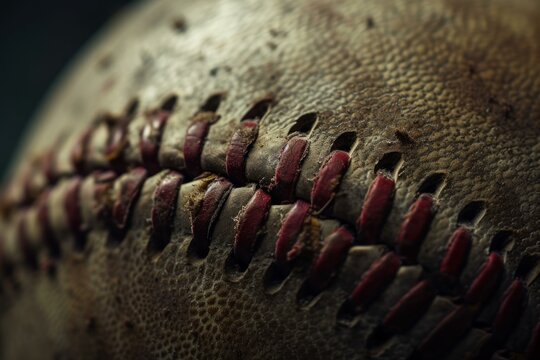 Captivating Baseball extreme closeup photo. Brown ball with red thread stiches. Generate ai