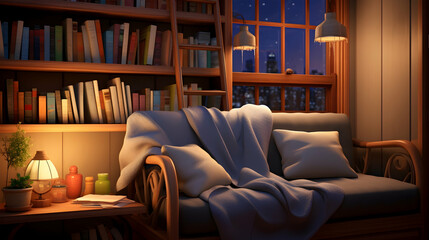 A 3D rendering capturing the essence of a 3D character indulging in a cozy reading nook,