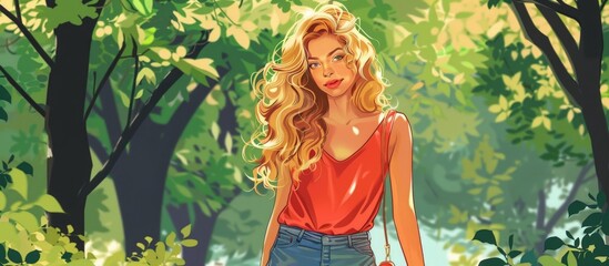 Blonde woman with long curly hair strolling in green forest carrying a bag on a sunny day, wearing a stylish outfit