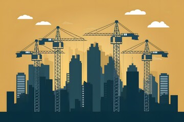 illustration of construction site cranes against city skyline