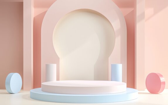 3D render Minimal scene with podium and abstract background. Pastel colors with Geometric shapes interior cosmetic product show. blue ,pink, green , and white