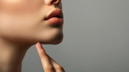 Close-up of woman's face, chin, beautiful lips and neck with touch on cheek face with one hand and natural make-up advertising with soft light and shadow created with Generative AI Technology - obrazy, fototapety, plakaty