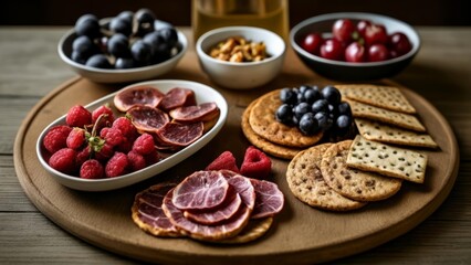  Deliciously arranged fruit and crackers on a wooden platter