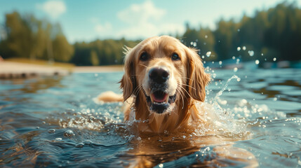 A cute golden retriever puppy swimming in the clear water of an American lake, with its tongue hanging out and big eyes looking at you happily. The clear blue sky, natural scenery, and sunny day. 