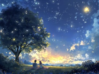 A couple is sitting under a tree and looking up at the stars. The sky is clear and the stars are shining brightly. Scene is peaceful and romantic