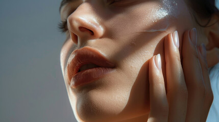 Close-up of woman's face, chin, beautiful lips and neck with touch on cheek face with one hand and natural make-up advertising with soft light and shadow created with Generative AI Technology