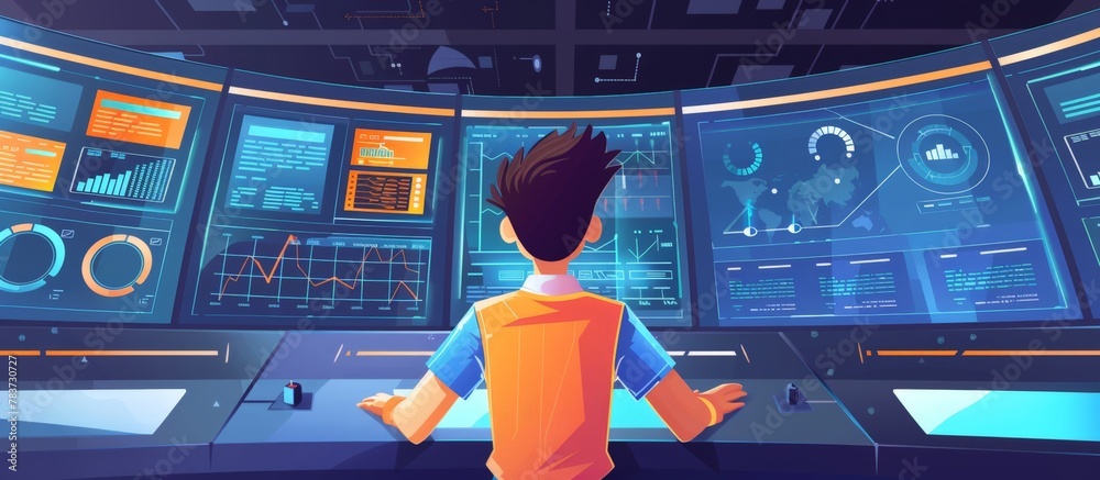 Wall mural man sitting indoors surrounded by various screens and a monitor while working