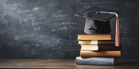 Graduation cap on stack of books on blackboard background with copy space