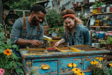 A diverse couple engaging in urban beekeeping, painting hives with bright colors amidst a lush garden full of life.