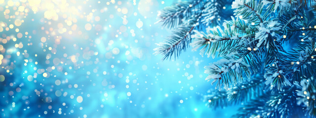 Fototapeta na wymiar Pine tree branch bokeh winter snow abstract blue background, copy space 